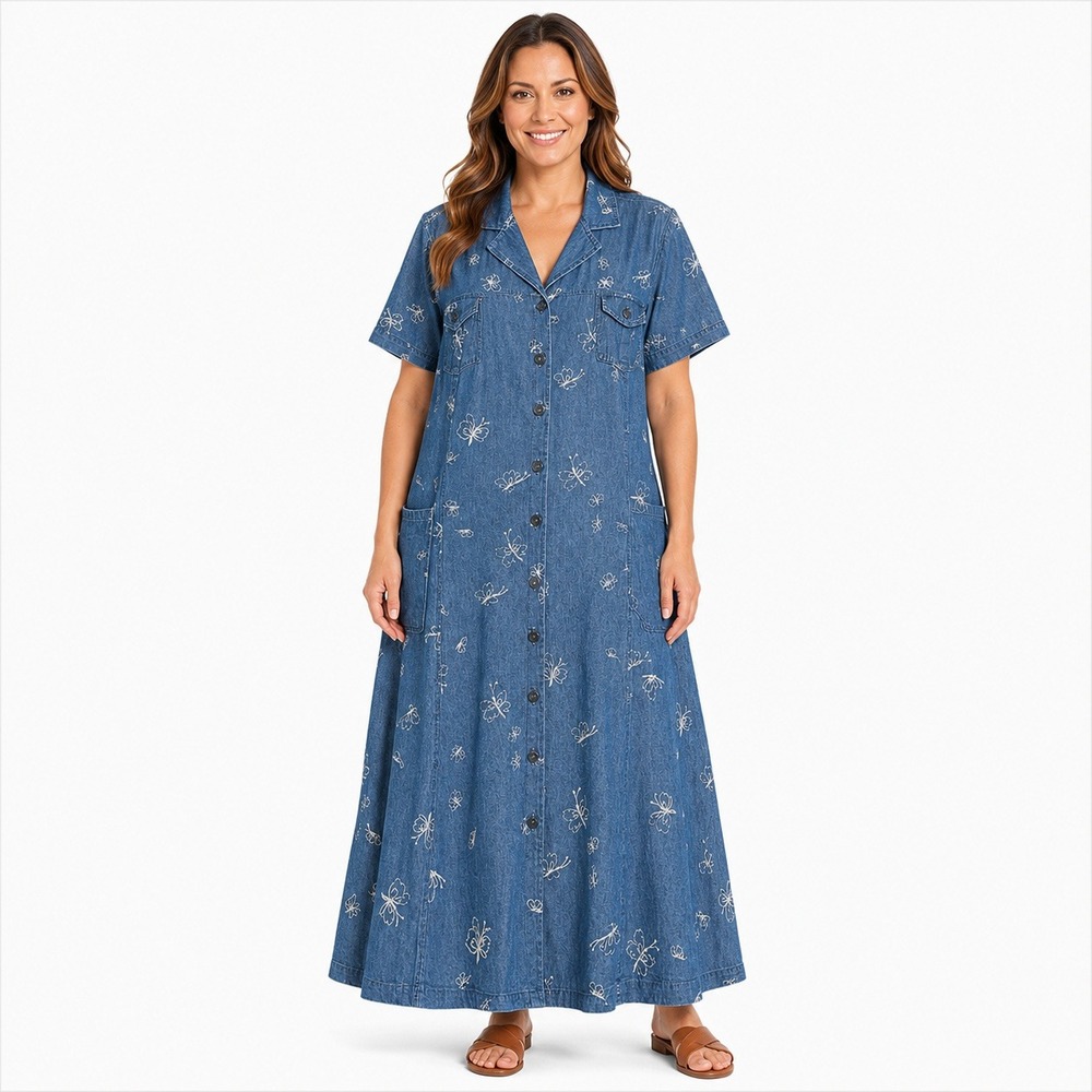 Anna Maxwell Denim Dress Womens 2XWP Blue Butterfly Print Button Front Midi